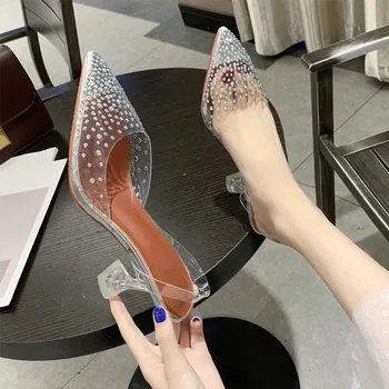 

Women Sandals Summer High Heels Back Strap Woman Pumps Transparent Crystal Elegant Pointed Toe Ladies Party Shoes Female Fashion