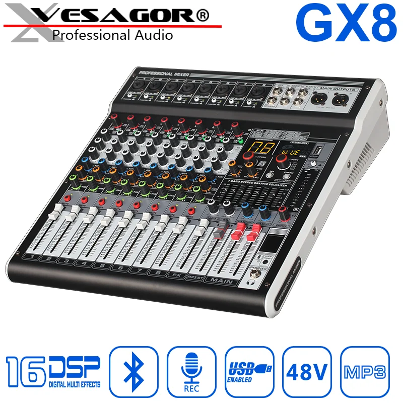 

DJ Audio Mixer USB Mixer Auido GX8 8ch Reverb16DSP 48VMP3 Digital Bluetooth PC Interface Recording DJ Sound Card Mixing Console