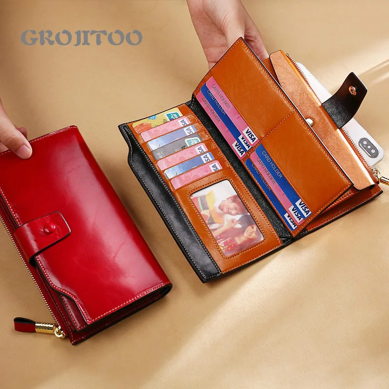 

GROJITOO First Layer Genuine Leather Rfid Anti-theft Brush Women's Wallet Mobile Phone Handbag Long Clutch Handy Card Holder
