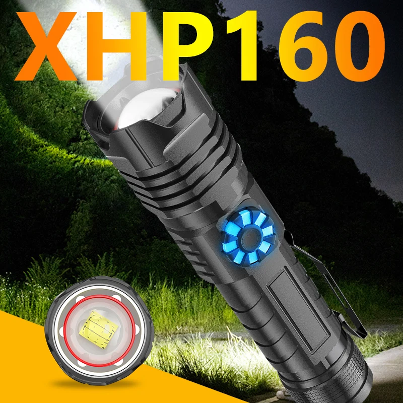 Самый мощный светодиодный фонарик W619 XHP160 телескопический зум плавное затемнение