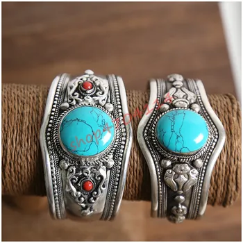 

Handmade bracelets made of white bronze, Turquoise bracelets inlaid by Bohemian retro-ancient ethnic groups, exquisite handicraf