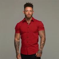 Summer Fashion Short Sleeve Shirt Men Solid Super Slim Fit Male Social Business Dress Shirt Brand Men Gym Fitness Sport Clothing