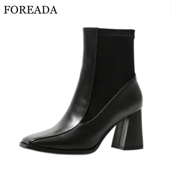 

FOREADA High Heel Woman Boots Real Leather Mid Calf Boots Square Toe Short Boots Zip Block Heel Female Shoes Autumn Winter 34-41