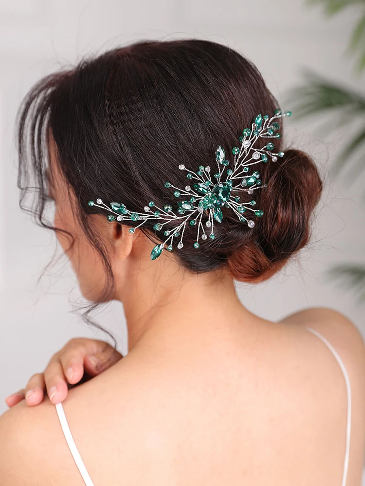 Wedding Bridal Hair comb Rhinestone Green Headband Trendy Fascinators Bohe Hair Accessories Women Ornaments Headpiece