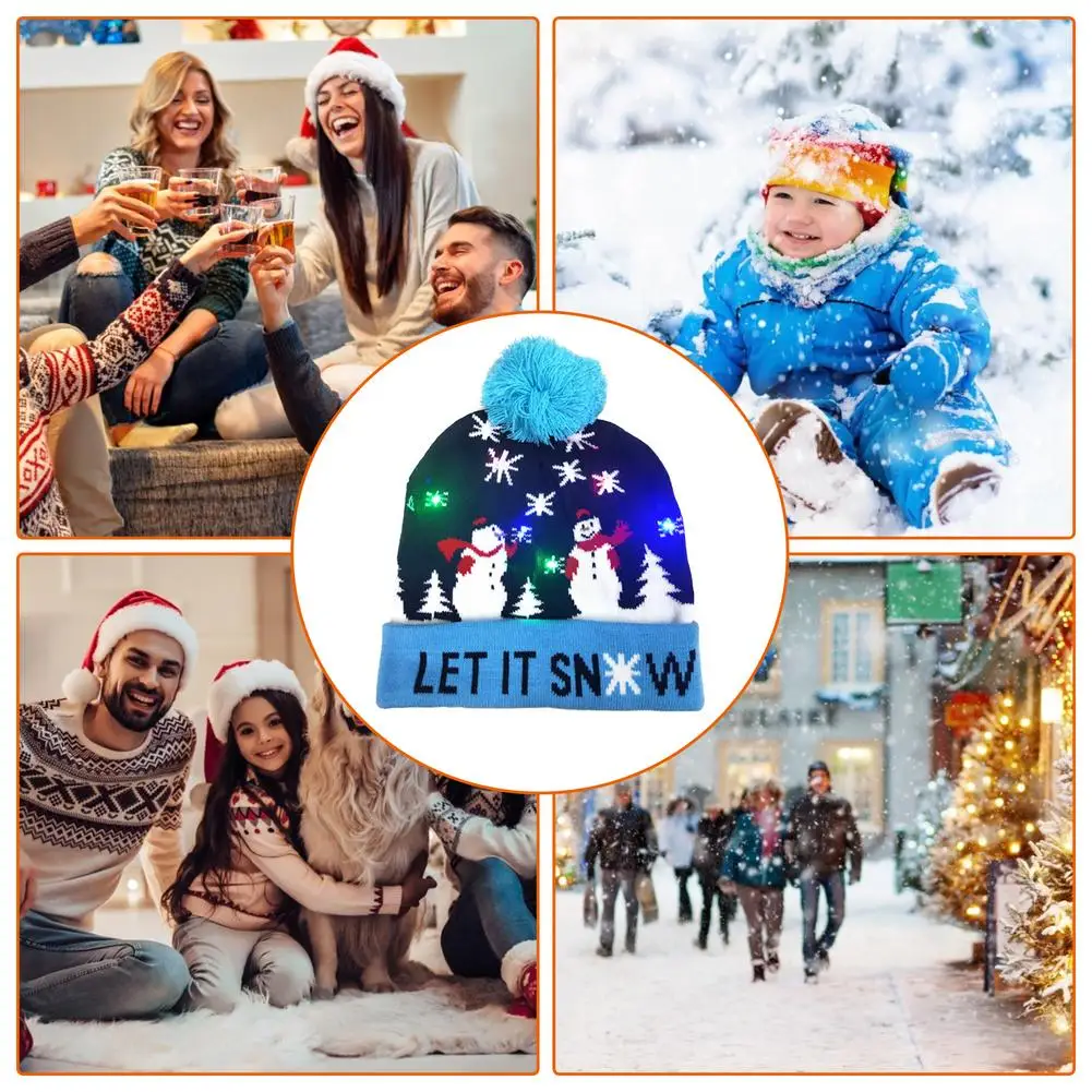 LED Light Up Christmas Hat Christmas Knitted Beanie Hat Party Warmer Cap For Kids Adults