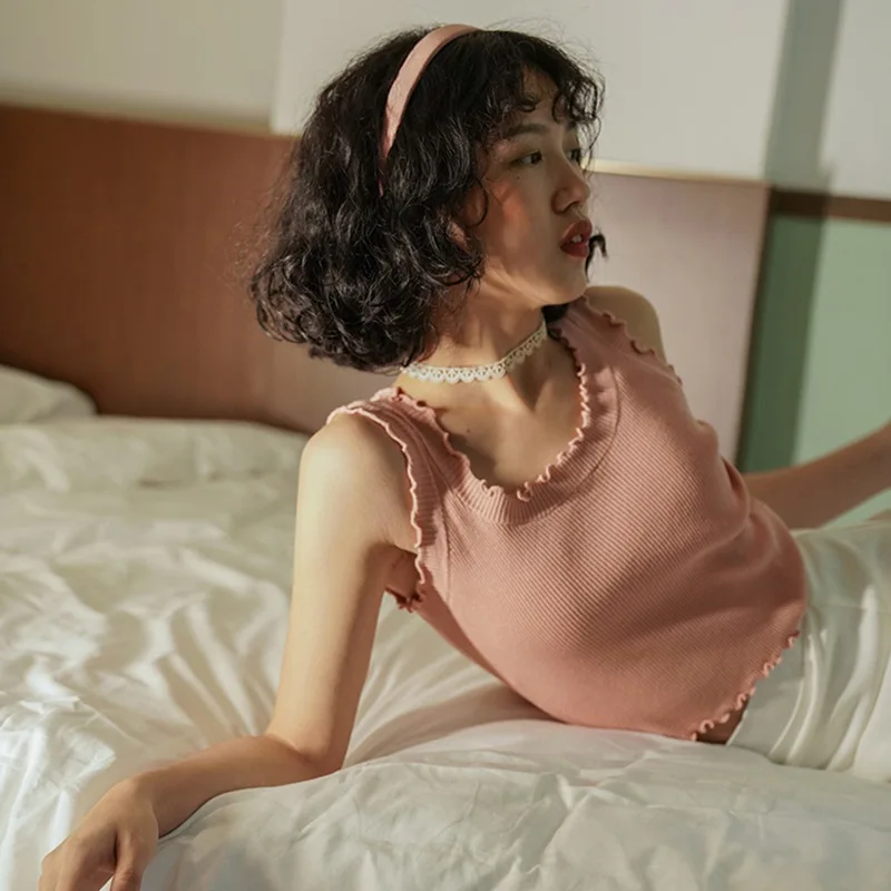 

Summer Tank Top Sweet Ruffle Tops Women Casual Slim Sleeveless Knitted Tops Vest 2020 Summer Female Top