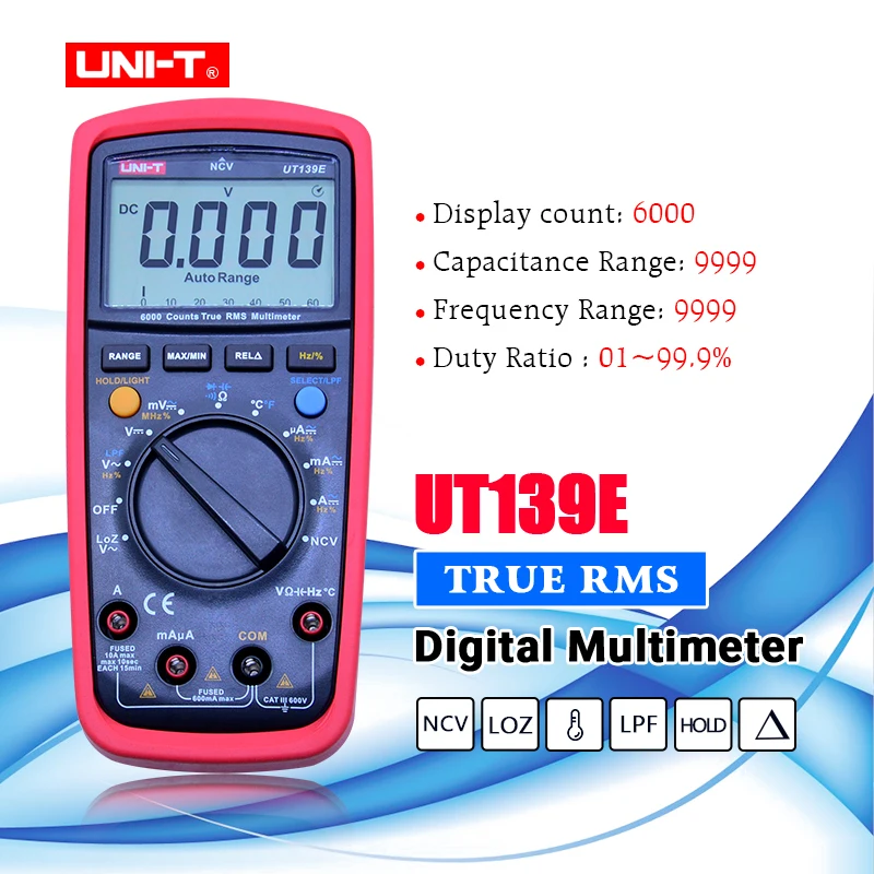 

UNI-T UT139E True RMS auto range Digital Multimeter LPF low pass filter LoZ low impedance input +temperature test TN LCD display