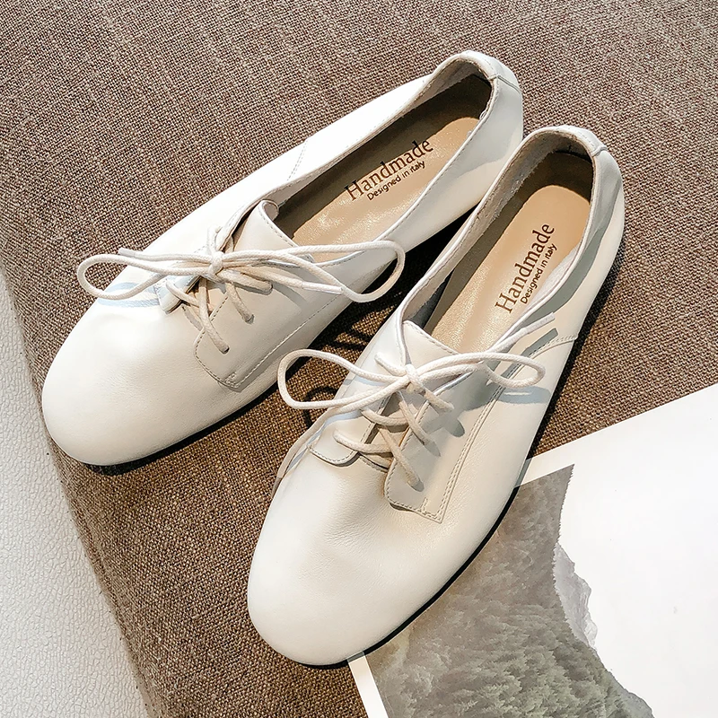 

MEZEREON Women's White Shoes Soft Cow Leather Round Toe Flats Simple Design Korea Style Comfortable Footwear Lace-Up New Arrival