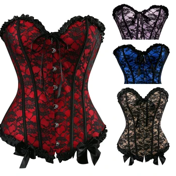 

Grebrafan Gothic Slimming Lace Overlay Strapless Corsets Tight Boned Bustier Dance Clubwear Carnival Party Cosplay Costumes