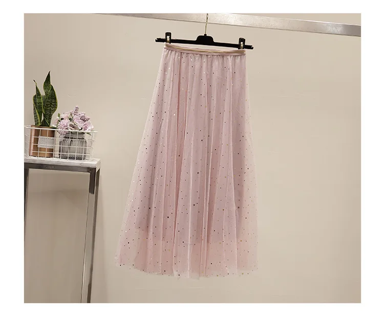 Sequin Star Mesh Dress Industrial Gauze Skirt Autumn And Winter Skirt Fairy Skirt CHIC Gentle Long Skirts
