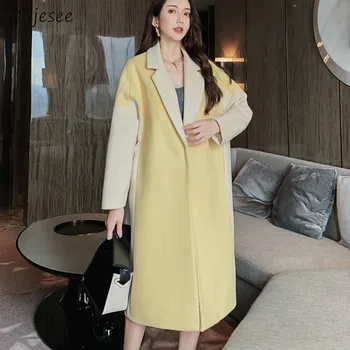 

Women Coat Patchwork Open Stitch Long Sleeve Elegant Womens Coats High Quality Winter Clothes Warm Ladies Korean Fashion Wool