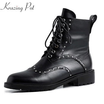 

krazing pot genuine leather round toe thick med heels gladiator dating winter shoes keep warm rivets-studded Chelsea boots l16