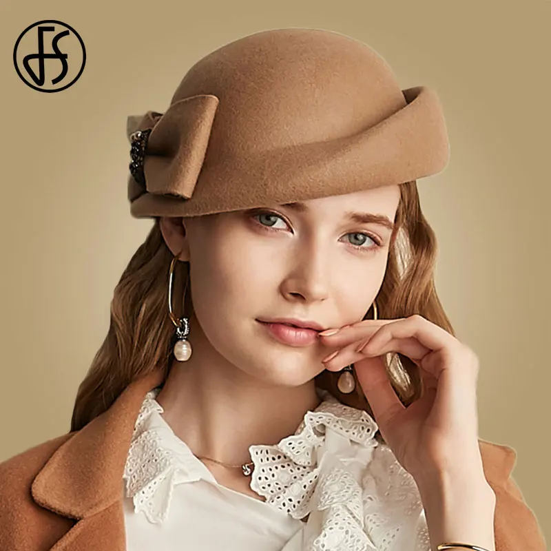 

FS Black Red Fedora Hats For Women Wool Fedoras Felt Hat Fall Winter French Berets Cloche Bow Trilby Chapeau Femme Caps