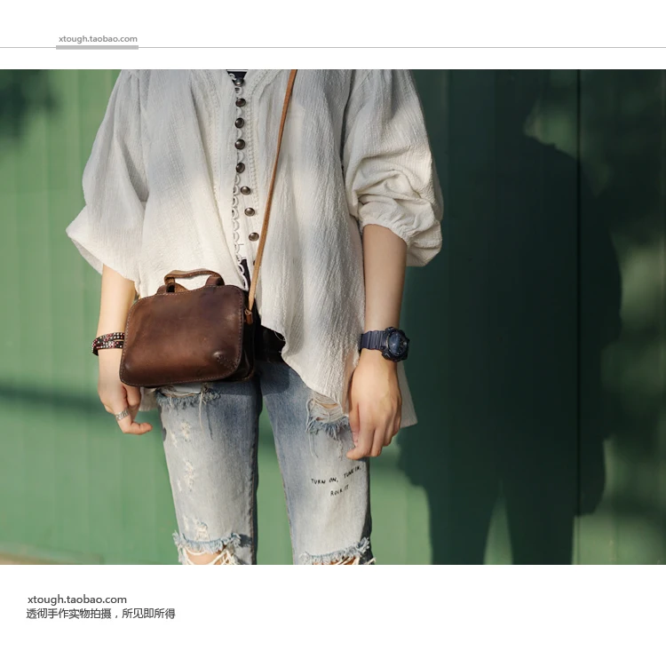 Retro genuine leather women handbag female small shoulder crossbody bag portable ladies vegetable tanned leather mini slung bags