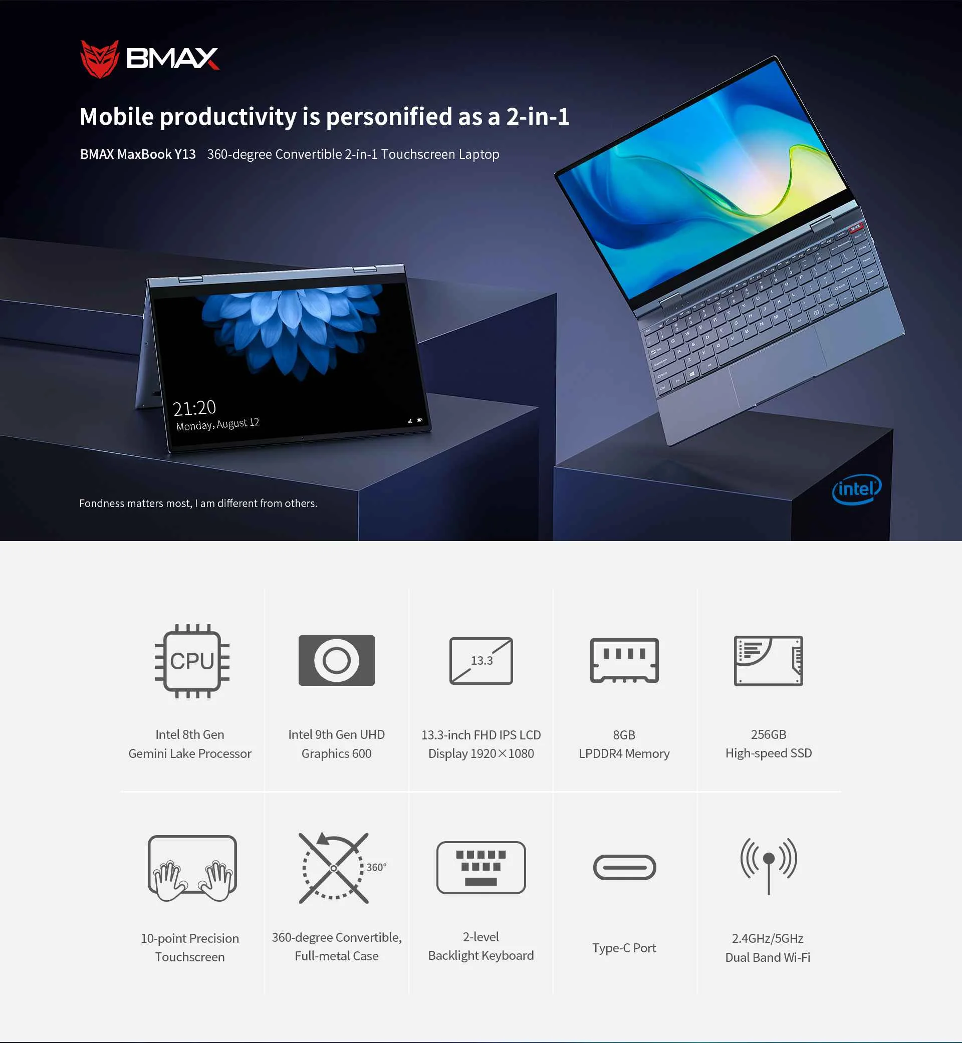 BMAX Y13 Ноутбук 13,3 дюймов Intel Gemini Lake N4100 8 ГБ ОЗУ 256 Гб ПЗУ SSD LPDDR4 1920*1080 ips Win 10 ультратонкий ноутбук