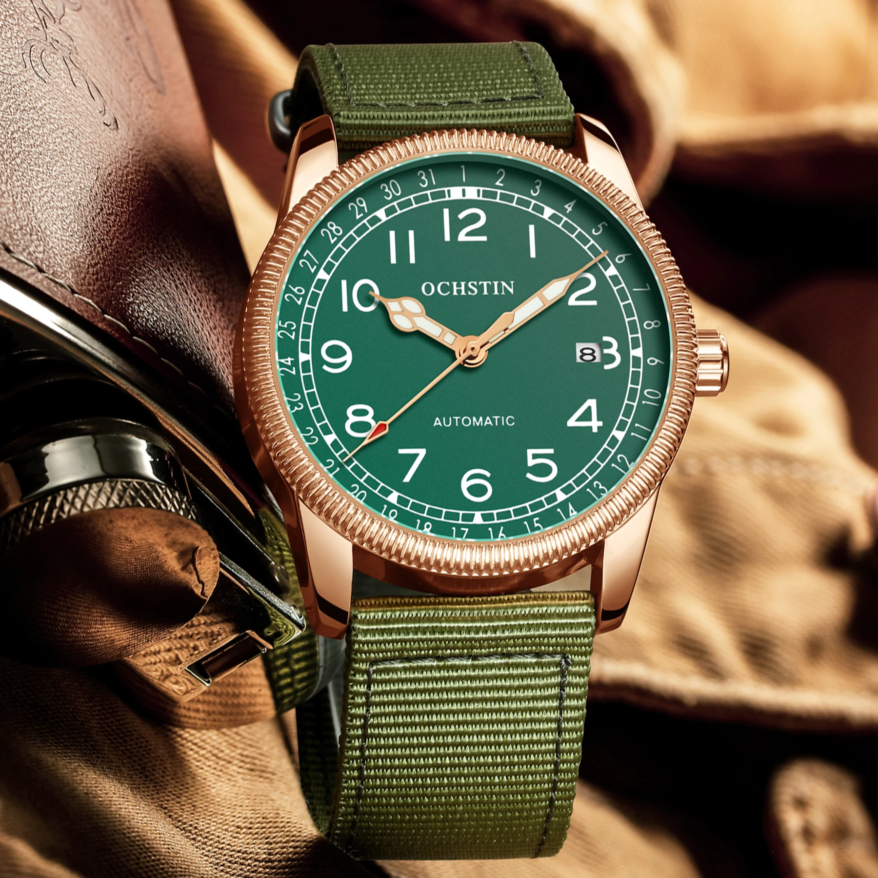 Watches Man Mechanical Automatic Men Watch Retro Nylon Luminous Wristwatch Top Brand Luxury OCHSTIN Male Green Fashion Clock ochstin new top brand automatic mechanical watches for men military nylon strap pilot watch male auto date day relogio masculino