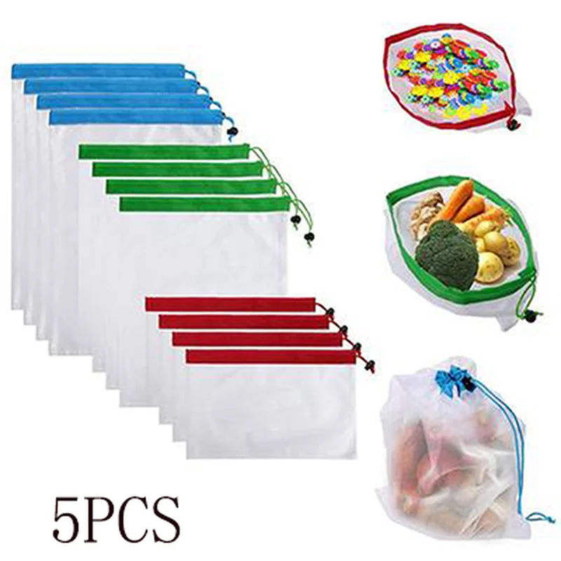 

5pcs/lot Reusable Mesh Produce Bags Multifunction Shopping Fruit Vegetable Toys Storage Bags Washable Eco Friendly Kitchen Tools