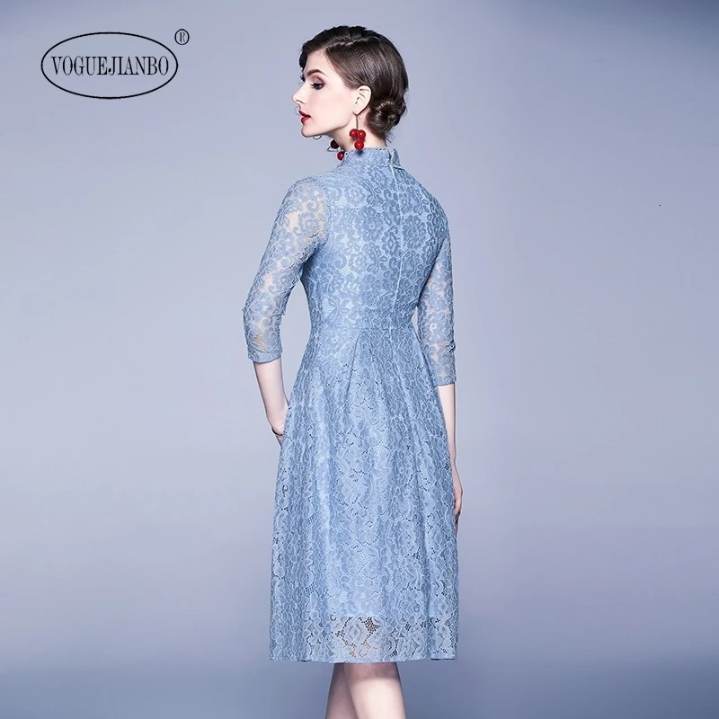 New spring and summer women's clothing stand-up collar cropped solid blue lace dress ropa mujer sexy robe femme vestidos