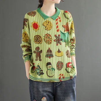 

Retro Vintage Peter Pan Collar Cartoon Print Sweater Pullover Big Loose Women Long Sleeve Spring AZ21361828