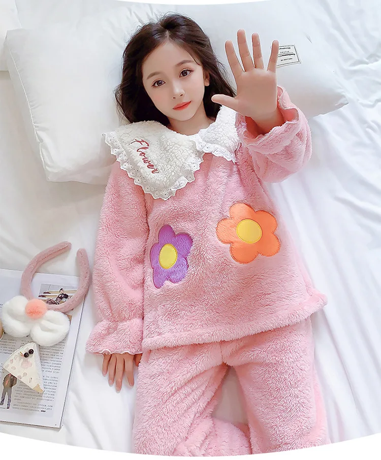 Children's Flannel Pajamas Autumn And Winter Warm Girls Home Wear Clothes Cute Cartoon Pink Baby Girls Sleepwear Kids Clothes pajama sets button up	