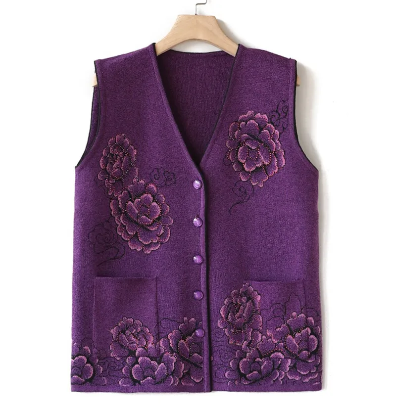Middle-aged women Print Sweater Vest Autumn Winter vests Sweater knit Cardigan Womens Short Plus size Sweater Vests Jackets F856