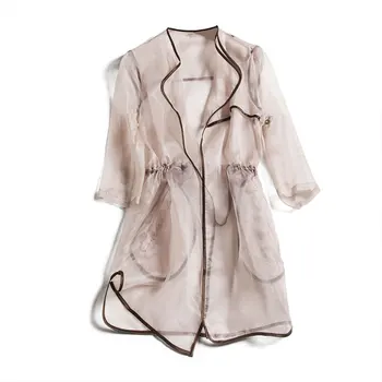 

Organza Real Silk Womens Trench Coats Summer See Through Turn-down Collar Three Quarter Sleeve Office Lady Open Stitch