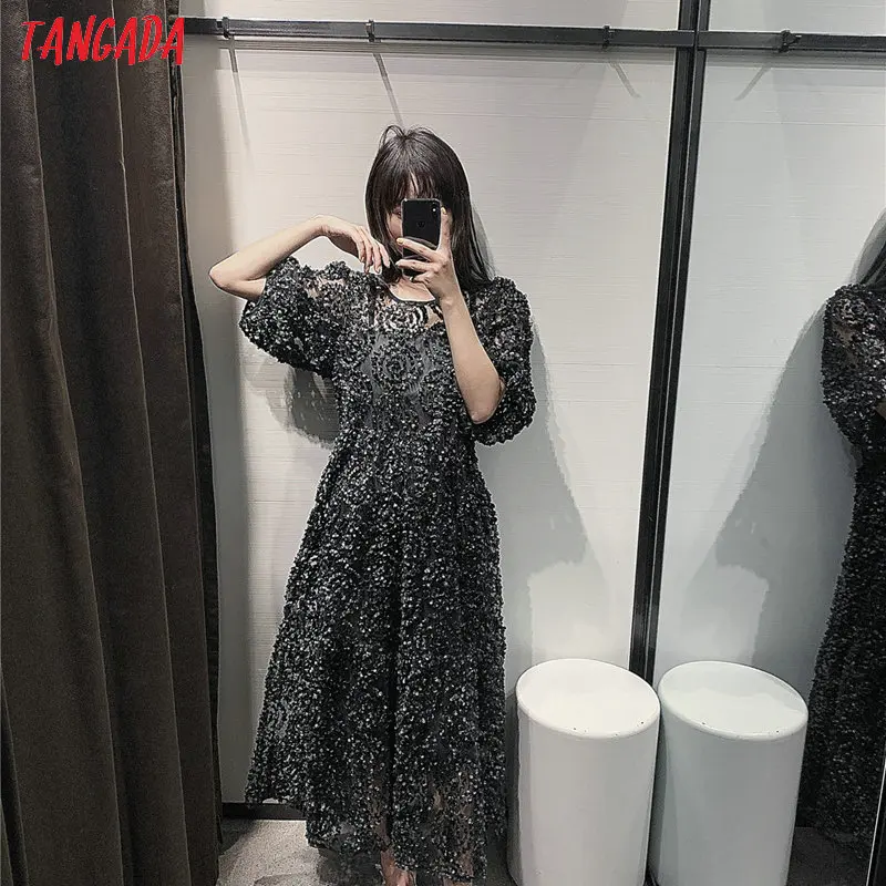 Tangada женское элегантное Сетчатое кружевное Цветочное платье с круглым вырезом и коротким рукавом Модные женские черные вечерние платья миди vestidos 3W33