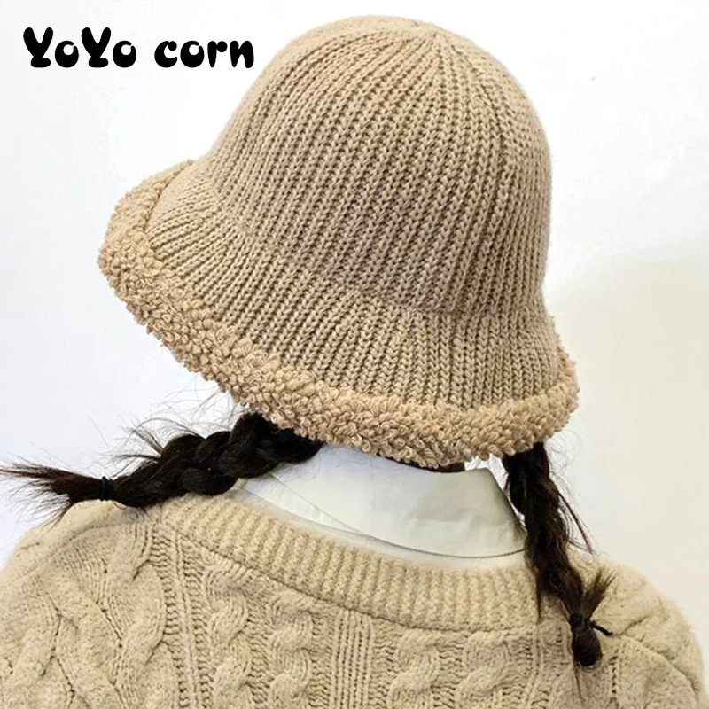 YOYOCORN, Корейская вязанная шерстяная шляпа ins, Повседневная Мягкая шапка для сестры, рыбака, Женская осенне-зимняя одноцветная шапка
