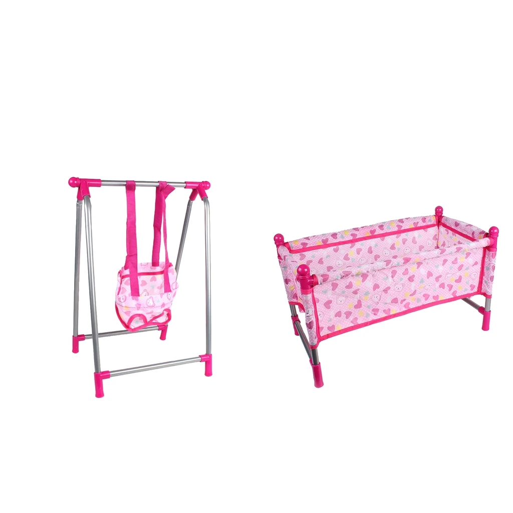 Doll Swing Cradle + Doll Baby Toddler Bed Crib Playset Kids Pretend Toy Role Play Nursery Room Decor