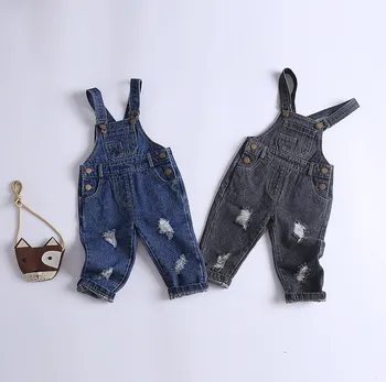 

80-110cm height new 2020 spring boys hole denim overall 1pc kids boy spring autumn bodyjump baby girl overall kids jeans