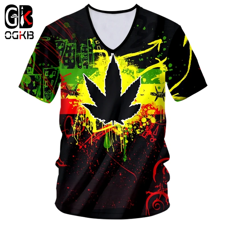 

OGKB New Fashion V-Neck T-shirt 3d Weed Printed Punk Colorfull Maple Leaf Tshirt Unisex Man/womans Short Sleeve Tees Tops Hiphop