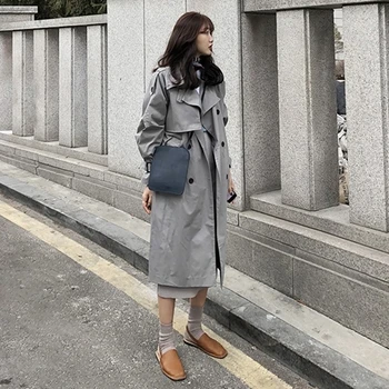 

Double Breasted Below Knee Length Shoulder Badge Belt Fasten Sleeved Loose Coat Windbreaker Female Trenchs