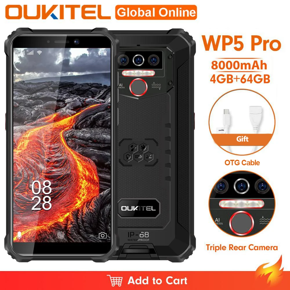 OUKITEL-teléfono inteligente WP5 Pro resistente al agua IP68, 8000mAh, Android 10, Triple Cámara, identificación de huellas dactilares, 5,5 pulgadas, 4GB, 64GB