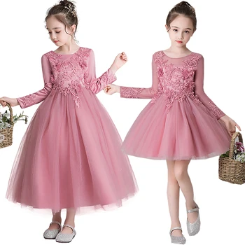 

Autumn Pink Long Sleeve Flower Child Girl Princess Dress Children Clothing Mesh Wedding Party Princess Dress Moderator Costumes