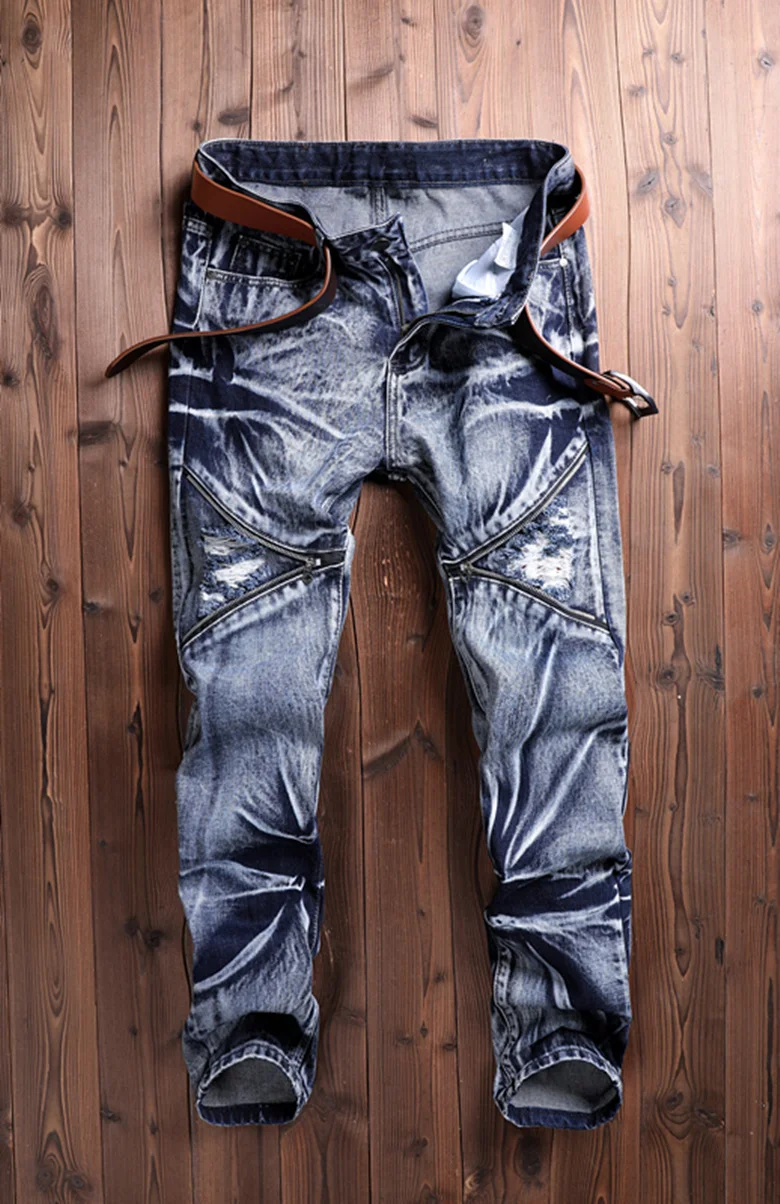 Новое поступление, узкие байкерские облегающие джинсы Homme Slim Fit, прямые потертые модные джинсы на молнии, мотоциклетные джинсовые брюки, большие размеры