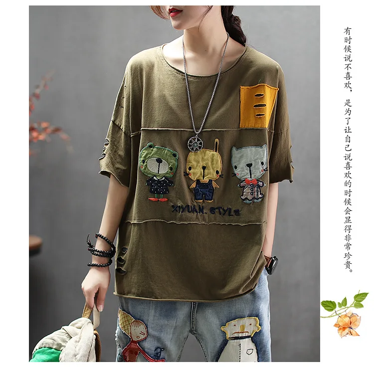 new literary cotton cartoon patch T-shirt loose o-neck hole short-sleeved women's tee top mori girl