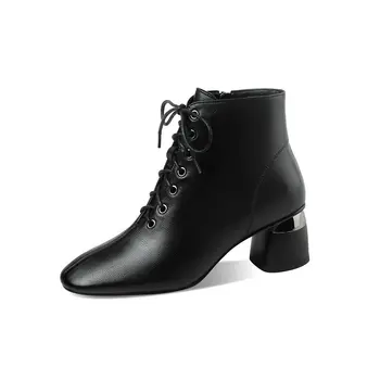 

Elegant Genuine Leather Female Chelsea Short Boots Women square Toe Ankle Boots lace up Office Party Basic Shoes Woman