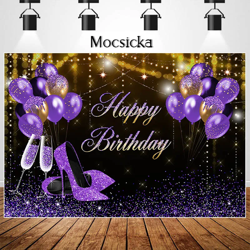 

Mocsicka Happy Birthday Backdrop Glitter Purple High Heel Balloon Decor Banner Customize Birthday Party Photography Background