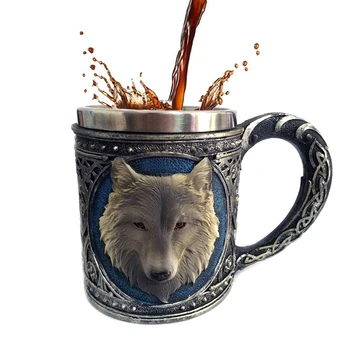 

3D Wolf Mug Cartoon Animal Lone Wolf King Drinking Cup Retro Resin Stainless Steel Lining Tea Beer Coffee Mug Gift