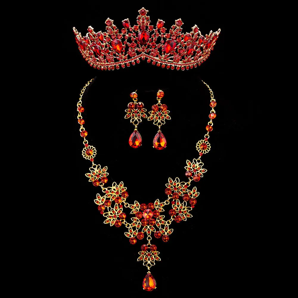 3PCS Set Full Red KMVEXO 3 шт Европа модный роскошный с кристаллами Свадебный Венчальный со стразами Принцесса Ювелирные наборы великолепные тиары ожерелье серьги набор - Окраска металла: 3PCS Set Full Red