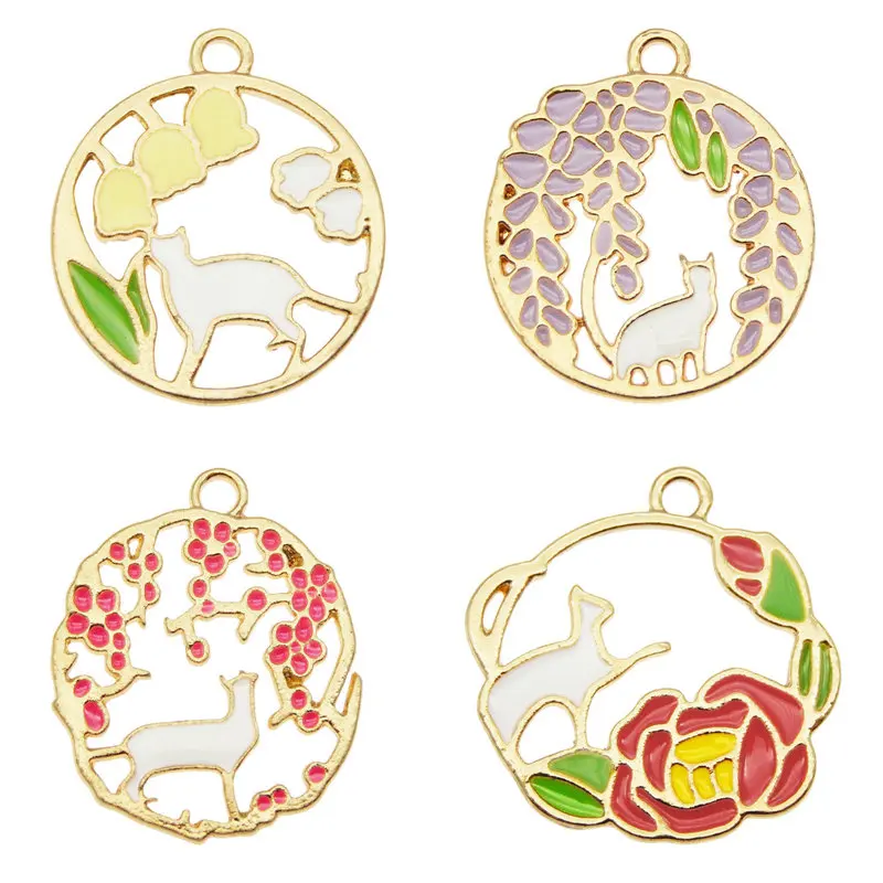 Эмалированные Подвески в виде кошек и цветов 4 шт. полые золотистые подвески из