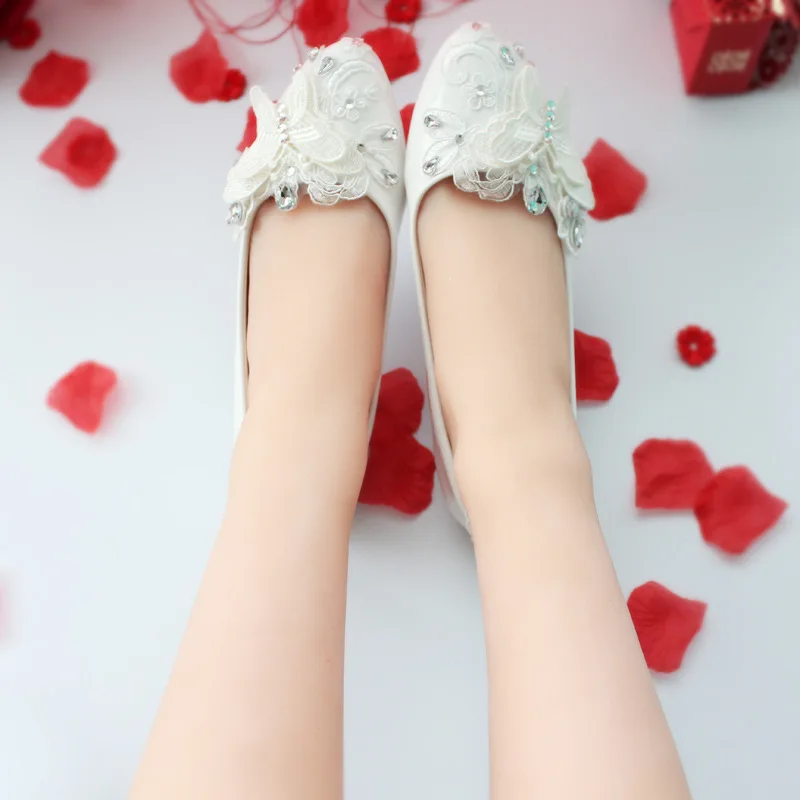 

Handmade Bride Bridesmaid restonic xie Lace Flower Low Heel WOMEN'S Shoes Banquet Wedding Low-Cut White Flat Top Shoes