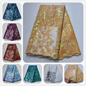 

Gold Lace Design Nigerian Lace Fabrics With Beads 2019 Latest Sequins Lace Fabrics With Embroidery 5 Yards/pcs For Decoration