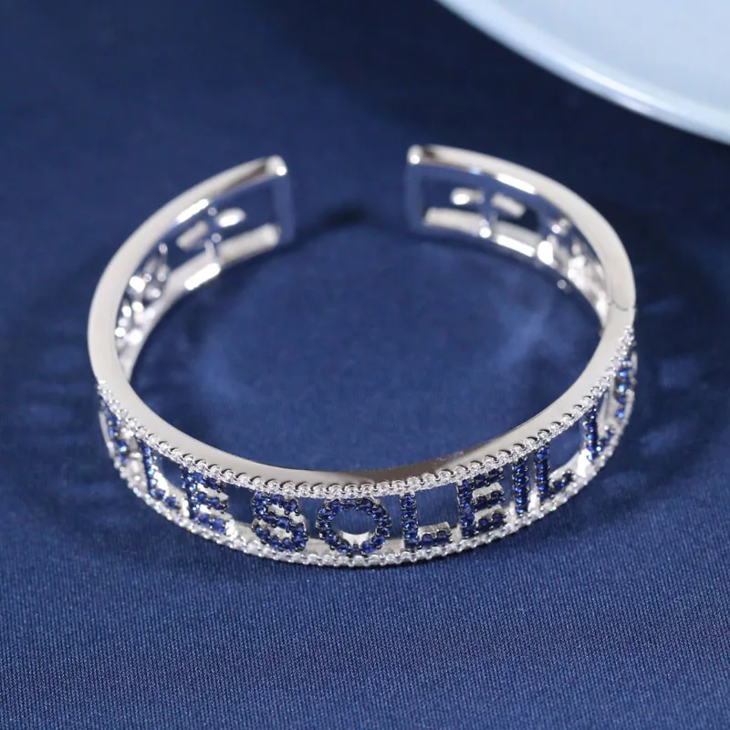 Baoyocn Luxury Brand 925 Sterling Silver Drak Blue SOLEIL Letters Open Cuff Bracelet Micro Cubic Zirconia Stones Bangle Women