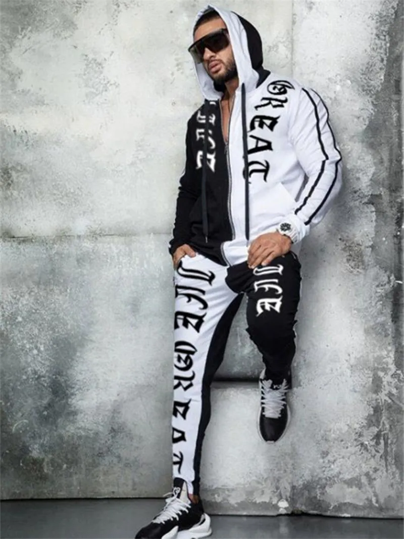 

2020 Popular brand Men tracksuit two-piece Outdoor Sport fitness Hoodies+running patchwork Small leg trousers Personality
