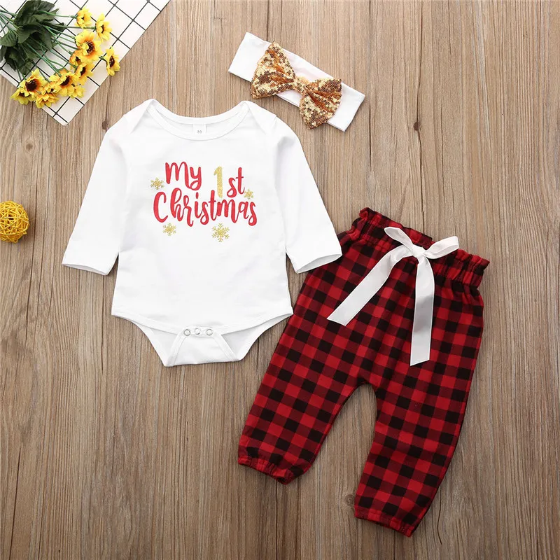 Emmaaby/хлопковый комбинезон с надписью «My first Christmas»+ штаны+ повязка на голову для маленьких мальчиков и девочек; Рождественская одежда; комплект из 3 предметов