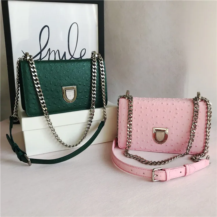

Pink Original Version Ostrich Grain Cowhide Small Fang Single Shoulder Slung Chain Bag No Genuine Leather