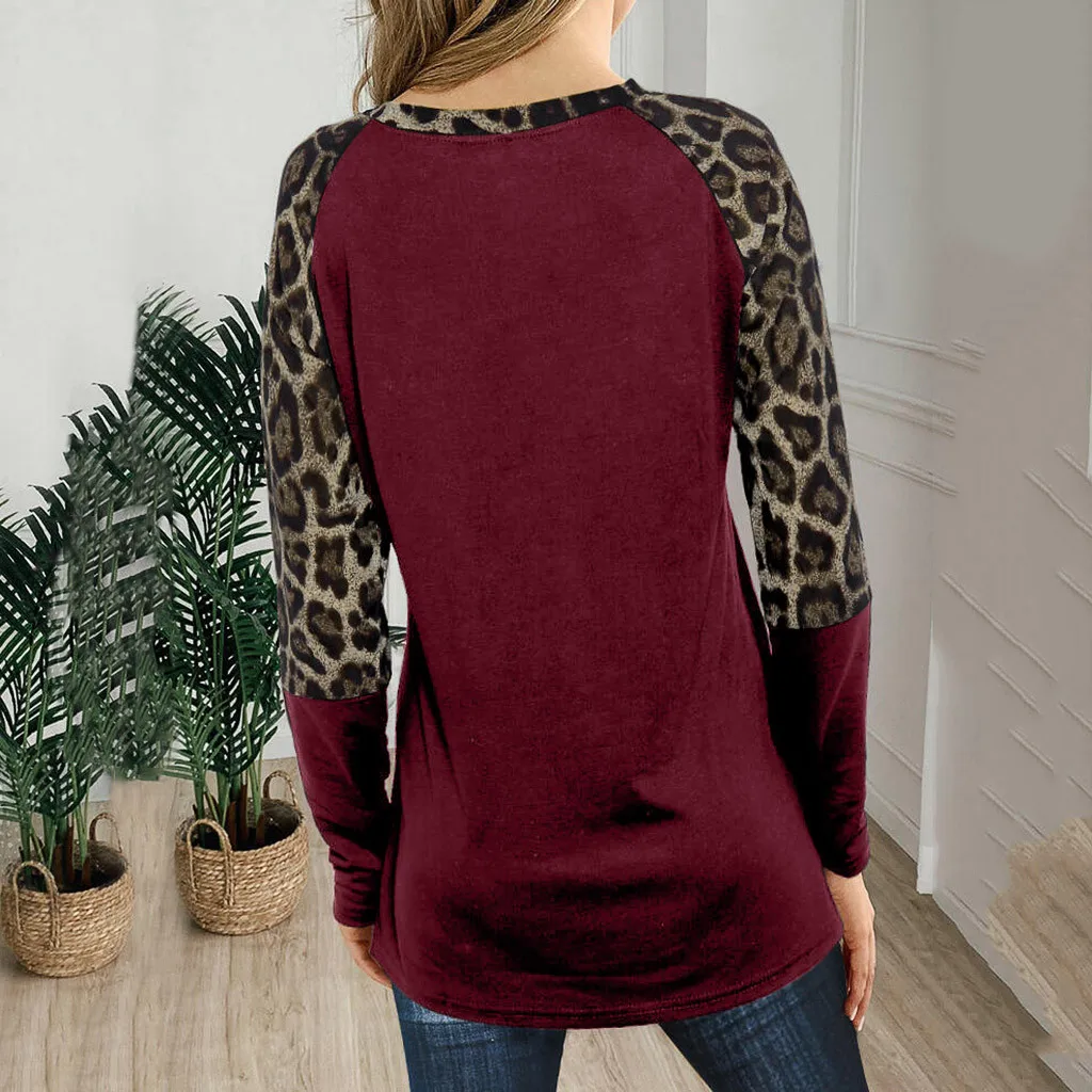 Trendy New Leopard Blouse Shirt Women Fashion Leopard Pattern Splice Color Long Sleeve O-Neck Top Blouse roupa feminina@45