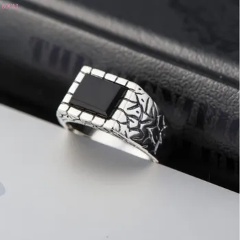 

2020 new fashion S925 pure silver men's ring personality retro Ring Thai silver square cut Black natural stone Ring for men