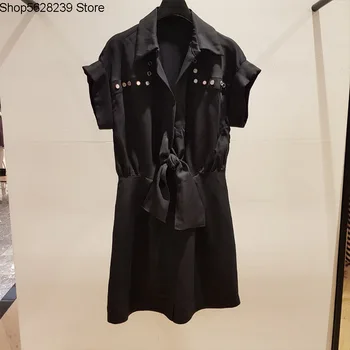 

French Elegant 2020 Punk Wind Rivet Modification Short Sleeve Lace Women's Wear Dress 190499